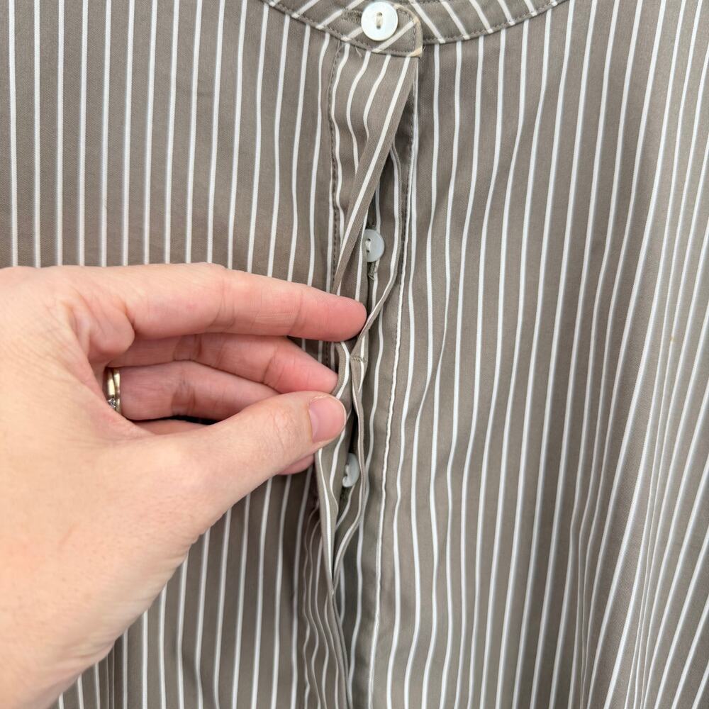 Theory Beige & White Vertical Striped Half Button Down Round Neck Cotton Blouse - Picture 7 of 12